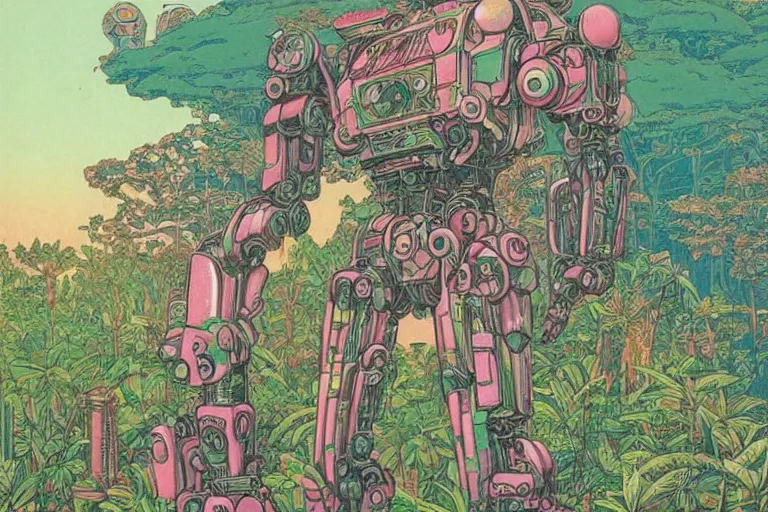 Prompt: gigantic man head, a lot of exotic vegetation around, trees, tremendous mecha robot, flowers, risograph!, oldschool vintage sci - fi flat surreal design, super - detailed, painting by moebius and jodorowski