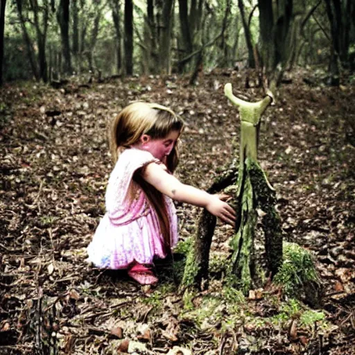 Prompt: “child girl making a ritual sacrifice in the forest”