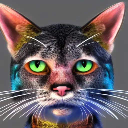 Image similar to colorful anthromorphic cat portrait detailed photorealistic character concept 3d render