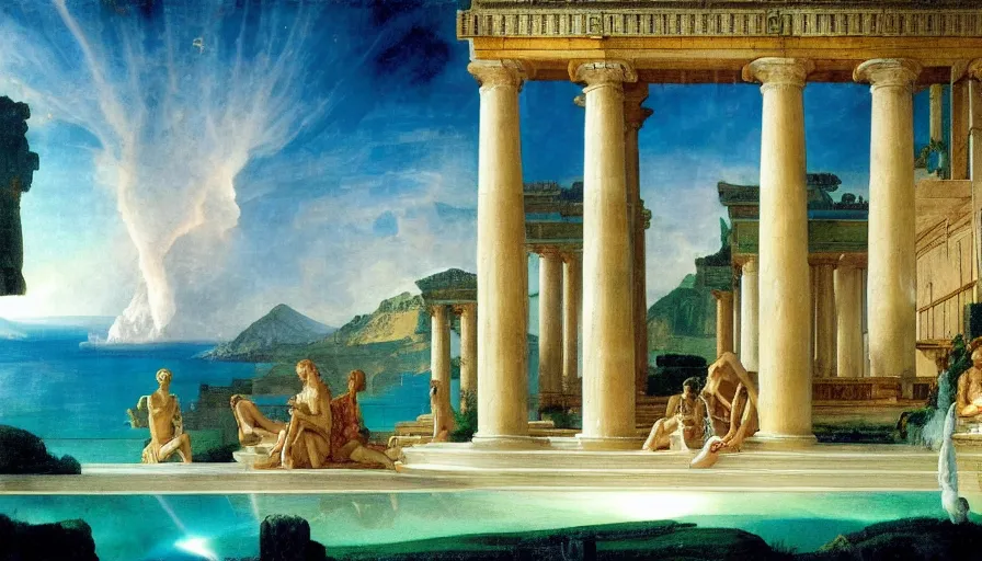 Image similar to Inside the giant Palace, mediterranean balustrade and columns line, refracted sparkles, thunderstorm, greek pool, beach and Tropical vegetation on the background major arcana sky and occult symbols, by paul delaroche, hyperrealistic 4k uhd, award-winning, very detailed paradise