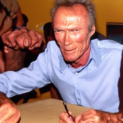 Prompt: clint Eastwood arm wrestling with himself