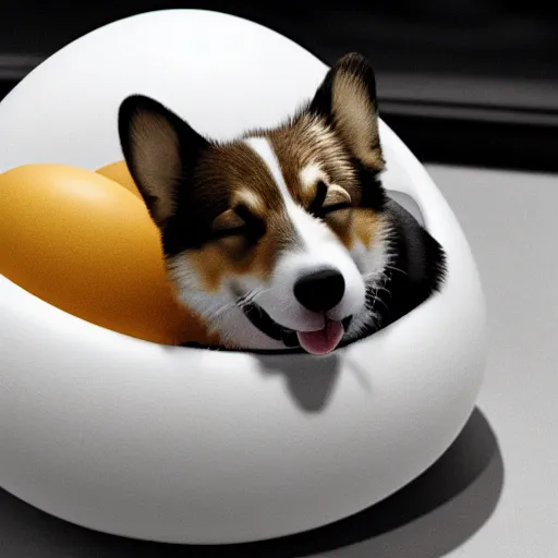 Prompt: corgi sleeping in an egg, realistic photography, high detailed