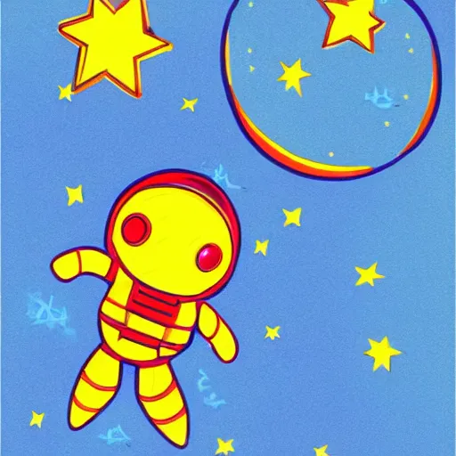 Prompt: cartoon astronaut floating around the moon with a rocket ship and shooting stars in the background, children's book illustration, highly detailed, high quality, bright colors,