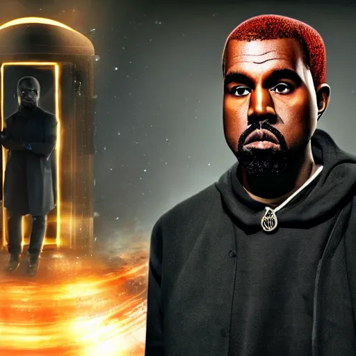 Image similar to a full body photograph of kanye west as'doctor who ', time vortex in the background, detailed face, symmetrical face, extreme realism and detail, 8 k, completely framed, direct lighting, 3 5 mm photo, photorealistic, sharp focus