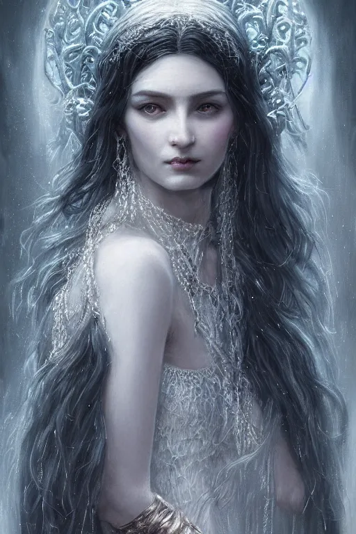 Prompt: realistic portrait of beautifully crystalized and detailed portrait of a elvish witch, matte painting of cinematic movie scene, dark fantasy, created by gustave dore and greg rutkowski, high detailed, smooth draw, synthwave neon retro, intricate, realistic proportions, dramatic lighting, trending on artstation.