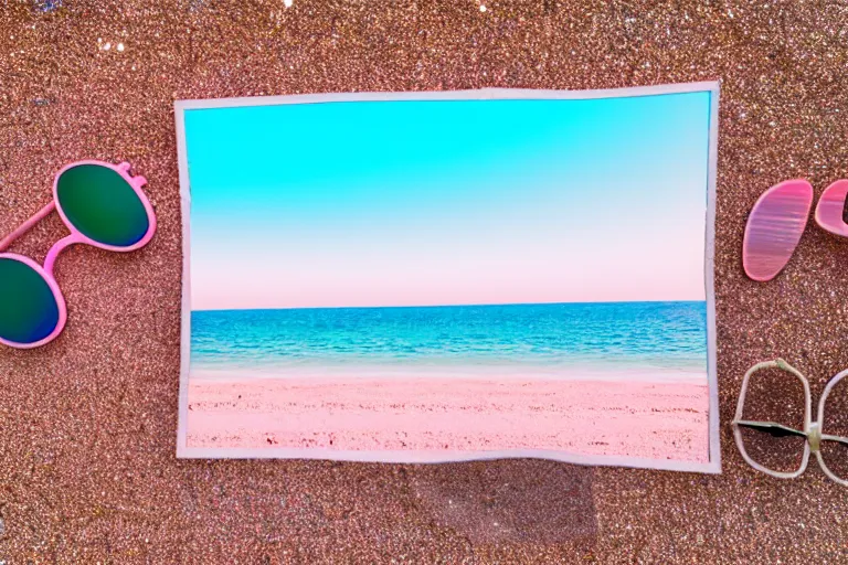 Image similar to a vintage family holiday photo fuji kodak of an empty beach shore with pastel pink iridescent!! sand and reflective metallic water and sunbathing equipment at dusk. refraction, volumetric, light haze.