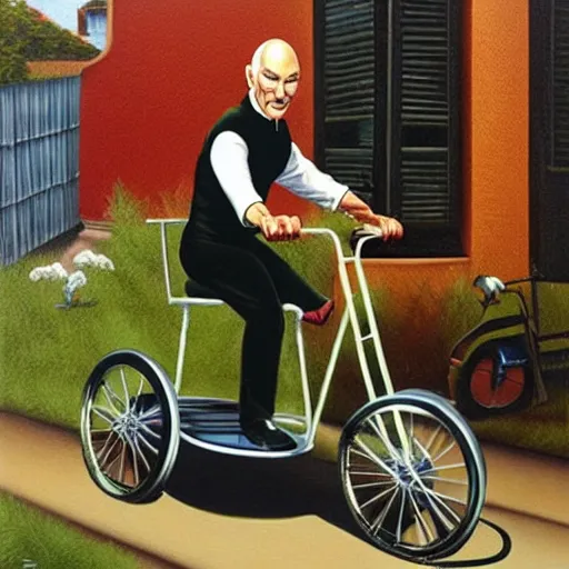 Prompt: Captain Picard on a tricycle, lowbrow painting by Mark Ryden