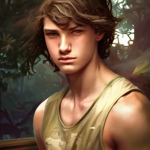 Image similar to photography of teenage boy in tanktop, deep focus, d & d, fantasy, intricate, elegant, highly detailed, digital painting, artstation, concept art, matte, sharp focus, illustration, hearthstone, art by artgerm and greg rutkowski and alphonse mucha