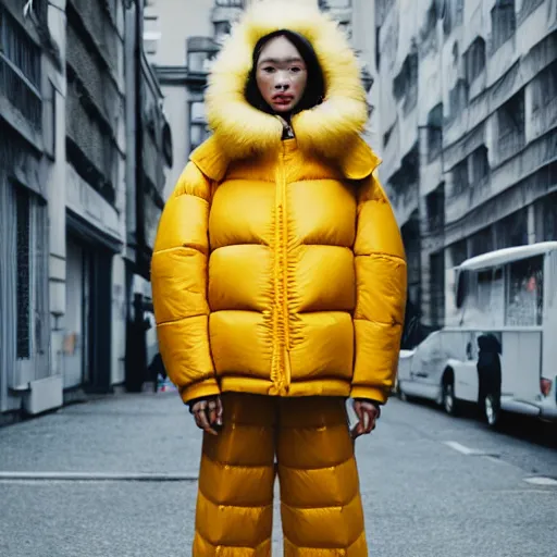 Image similar to realistic photoshooting for a new balenciaga lookbook, color film photography, portrait of a blonde asian woman, model wearing a puffer jacket, photo in style of tyler mitchell, 3 5 mm,