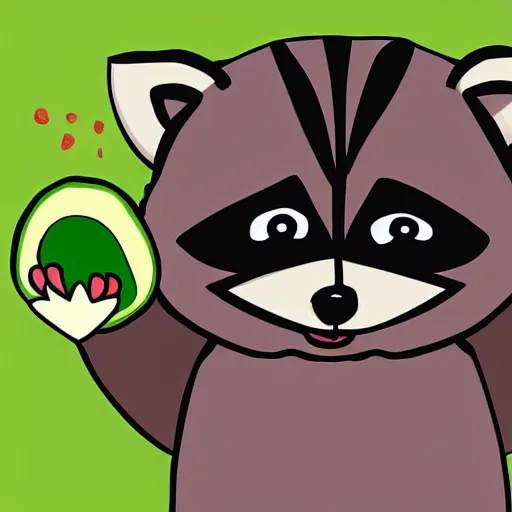 Image similar to children's book style illustration of a grumpy raccoon eating an avocado