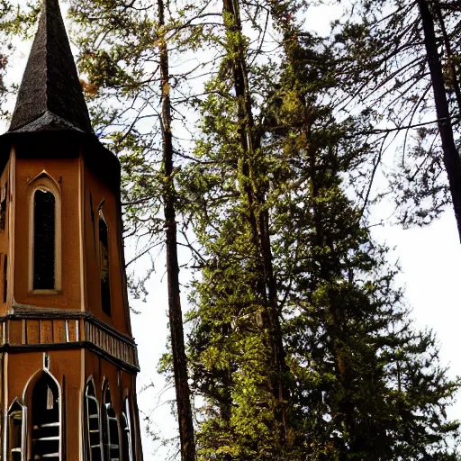 Prompt: a church steeple buried up to the bell tower in an old forest