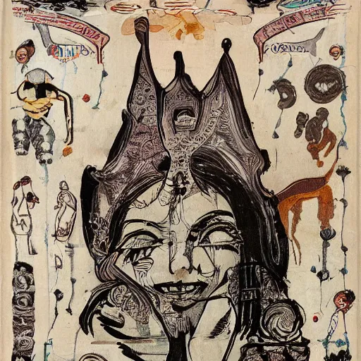 Prompt: vulvina a queen in love with death, oriental, tarot, jewels, by saul bass!!!!, graphic design, flat color, solid color, poster, tonalism, desaturated!!, vintage