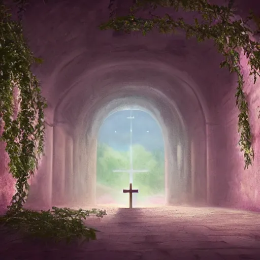 Prompt: a christian cross as the light at the end of the tunnel, with pale purple and pale pink lighting, with a few vines and overgrowth, studio ghibli, cinematic, realistic painting, high definition, digital art, symmetrical, very detailed, extremely high detail, photo realistic, concept art, unreal engine 5,