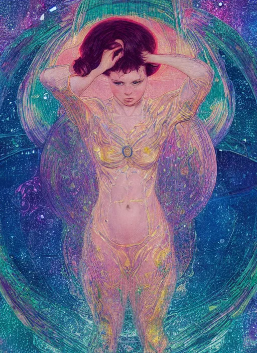 Prompt: in space no one can hear you scream,, colorful, in the style of frantisek kupka, intricate, miles johnston, kuroda seiki, cynical realism, ozabu, john william godward, painterly, yoshitaka amano, moebius, beautiful lighting, miles johnston, klimt, louise zhang, james jean