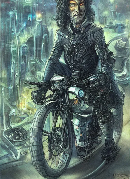 Prompt: portrait of sci - fi biker, cityscape background, beautiful! coherent! by brom, by brian froud, deep color, strong line, high contrast