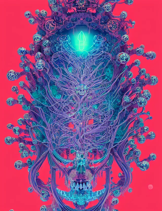 Image similar to symmetrical, centered, goddess close-up portrait wigh crown made of skulls. phoenix betta fish, phoenix, bioluminiscent creature, super intricate ornaments artwork by Tooth Wu and wlop and beeple and Dan Flavin and Daniel Buren and greg rutkowski