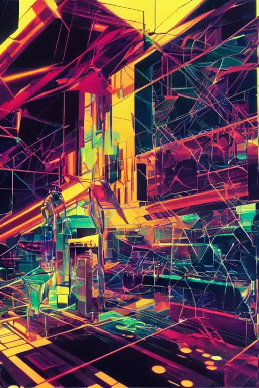 Image similar to wideangle broken tensor fields, cybernetic, holographic, madness, decoherence, synthwave, glitch!!, fractured reality, vortex, realistic, hyperdetailed, concept art, art by syd mead, cubism