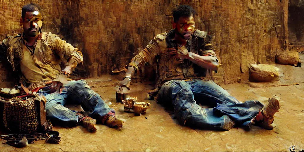 Image similar to a hyenaman wearing tshit and jeans sitting on the floor. highly detailed painting by gaston bussiere, craig mullins, j. c. leyendecker 8 k