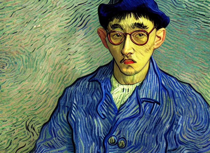 Prompt: Filthy Frank wearing blue dirty spaghetti stained dress shirt, rule of thirds, accurately portrayed, portrait art by Vincent van Gogh, highly detailed, digital painting, concept art, illustration, Japanese emperial flag with twilight rays of sunlight, trending on artstation, very detailed, smooth, sharp focus, octane render, close up