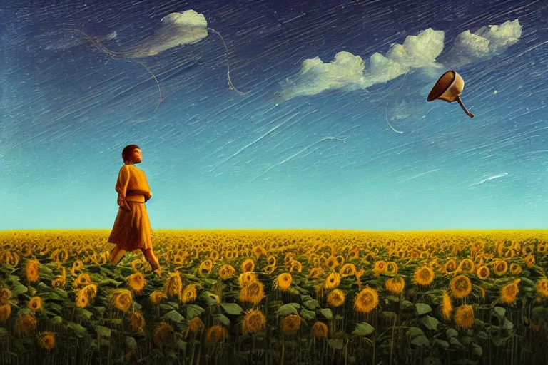 Image similar to giant sunflower as a head, girl walking in wheat field, hills, surreal photography, dark night, star trails, dramatic light, impressionist painting, clouds, digital painting, artstation, simon stalenhag