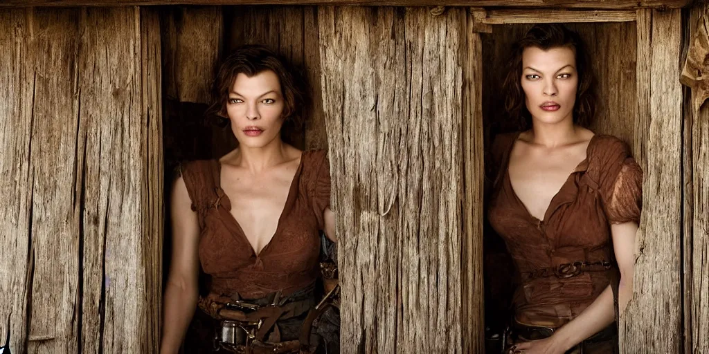 Image similar to portrait of (beautiful) female Mila Jovovich (((alone))) in an old west cabin