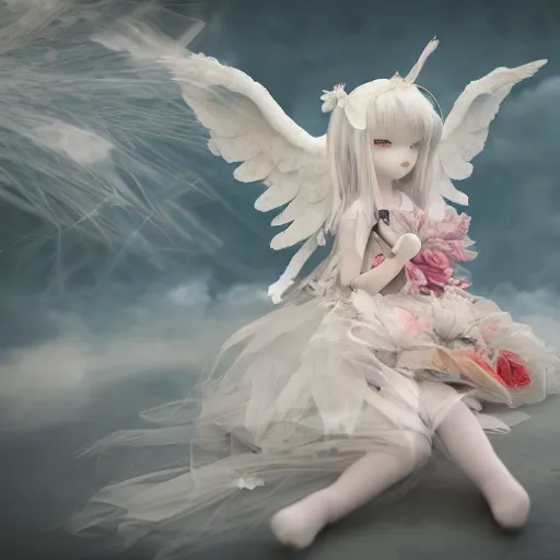 Prompt: cute fumo plush of a divine angel, gothic maiden, ribbons and flowers, ruffled wings, feathers raining, particle simulation, clouds, vray, horror storybook illustration