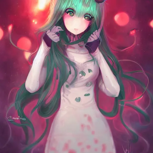 Prompt: portrait of the cthulhu but as a cute anime girl, by rossdraws, wlop
