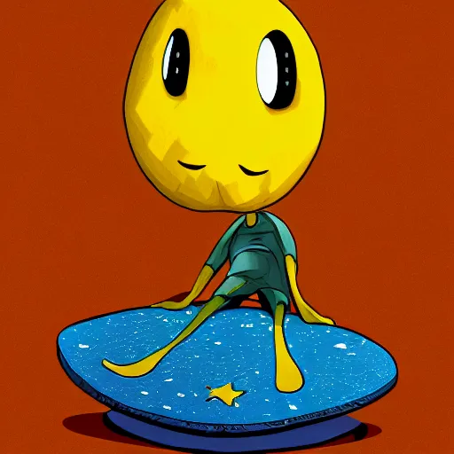 Image similar to a wide shot low angle digital painting of a realistic cartoony lemon with a face riding the universe like a surf board