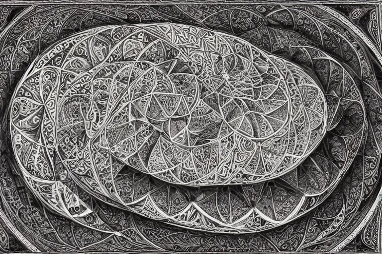 Image similar to an ornate illustration in the styles of mandalas and fractals, the styles of escher and penrose, depicting a weasel staring deep into the heart of the impossible all - and - nothing of the emerging technological singularity ; / what has god wrought? / he seems to be whispering.