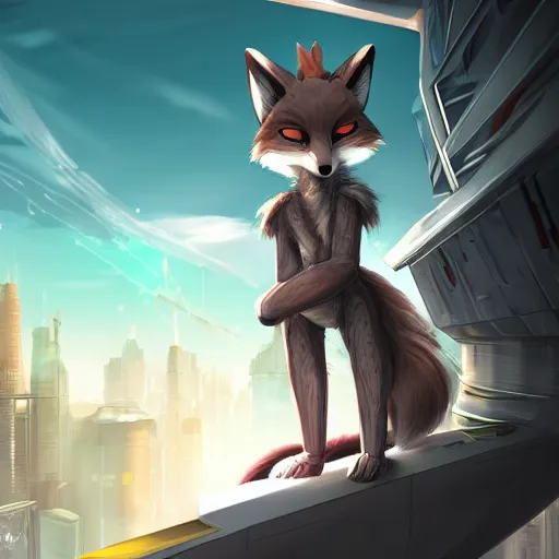 Image similar to an anthropomorphic fox with a fluffy tail staring over a futuristic city from the top of a roof, highly detailed, trending on furaffinity, cyberpunk, backlighting, cartoon