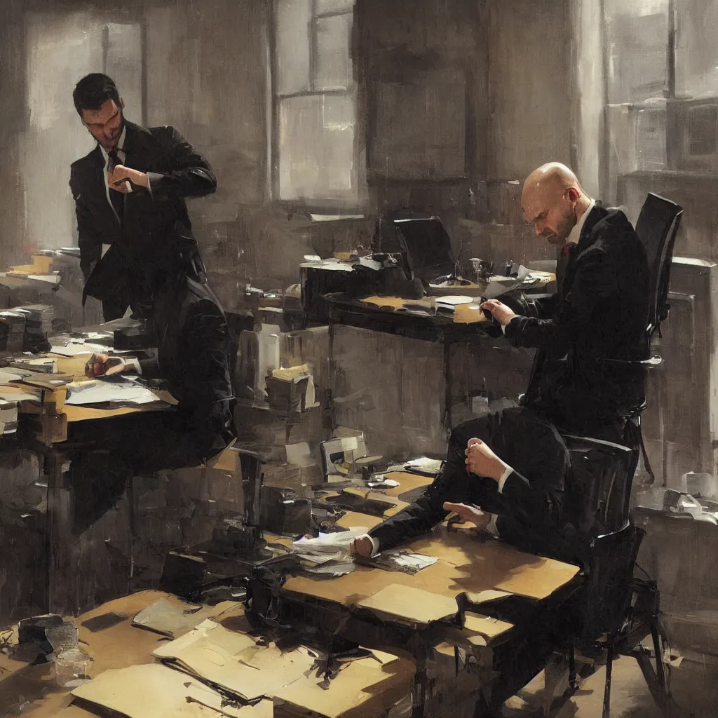 Prompt: a man wearing a black suit working in his office by greg rutkowski