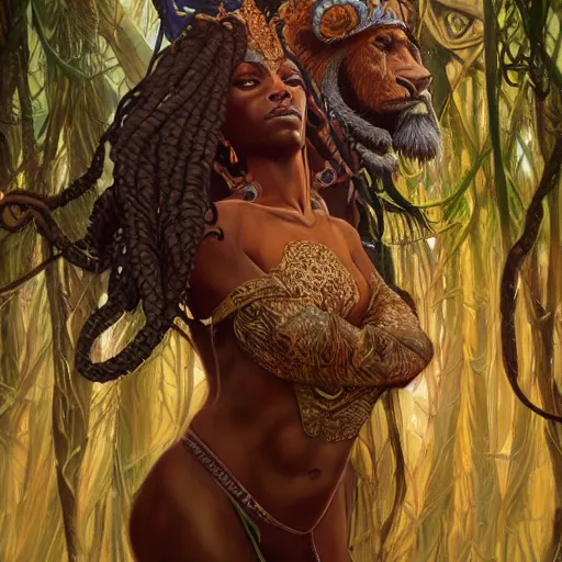 Image similar to an african deity king of the jungle, kemetic, D&D, fantasy, intricate, elegant, highly detailed, digital painting, artstation, concept art, matte, sharp focus, illustration, art by Artgerm and Greg Rutkowski and Alphonse Mucha