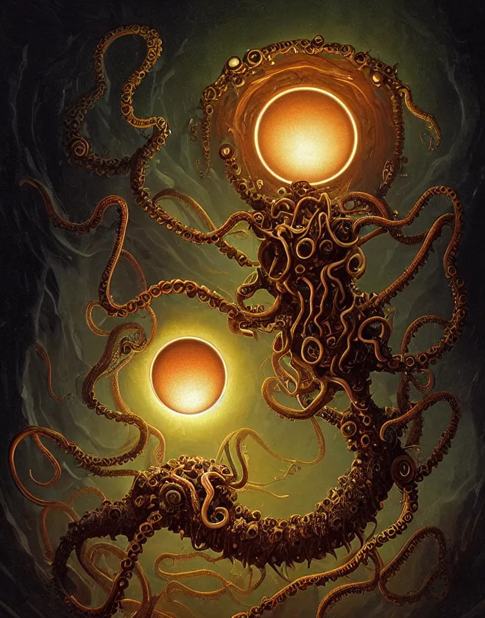 Image similar to a detailed digital art of an alien creature with multiple eyes and tentacles emerges from a glowing orb in the center of a dark, foreign landscape,by Albert Bierstadt, Yohann Schepacz and Laurel Burch,style of grim dark, Kai Fine Art, chiaroscuro, dark academia, copper patina,detailed, ornate, maximalist, 8k, cinematic, compositing, post processing, award winning art,artstationHQ,artstationHD