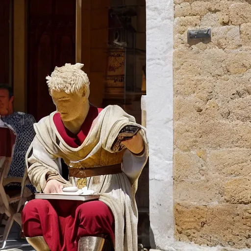 Prompt: a man wearing a roman costume drinking a coffee in alhaurin de la torre in spain