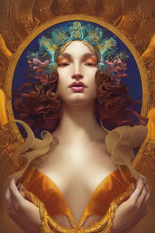 Image similar to portrait of a beautiful goddess by artgerm, mandala, rococo, vivid color, complementary color, golden ratio, detailed, sharp lines, sharp focus, intricate, rainbowshift, by maxfield parrish, by peter mohrbacher, by gustave dore, by alphonse mucha, deviantart, octane render