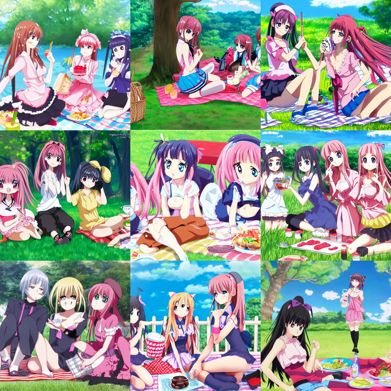 Prompt: sussy baka girl anime besties having a picnic with the impostor