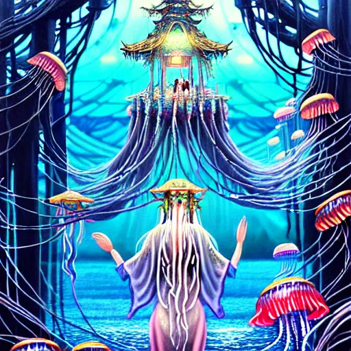 Prompt: A painting of priestesses worshipping at the jellyfish temple, shrouded in mist, jellyfish god, jellyfish priestess, jellyfish shrine maiden 8K, illustration, intricate artwork by Tooth Wu and wlop and Artgerm and dan mumford, smoke, undersea temple with fish, cinematic, insanely detailed and intricate, hypermaximalist, elegant, super detailed, award-winning, vermillion and orange and cyan, mysterious, ancient, ritual, ethereal, trending in cgsociety, artstation HQ, ornate, elite, haunting, matte painting, beautiful detailed, insanely intricate details, artstation trending