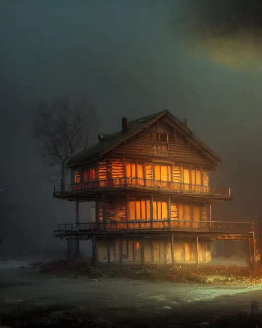 Image similar to a beautiful photorealistic illustration of city log house urbex abandoned unfinished building architecture nature building industrial architecture by ivan aivazovsky, flowers vaporwave at night at dusk fantasy, archdaily, wallpaper, highly detailed, trending on artstation.