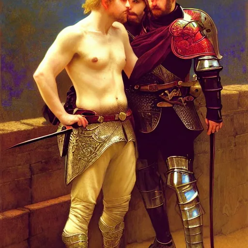 Image similar to attractive arthur pendragon and his attractive male knight, they are in love, natural lighting, path traced, highly detailed, high quality, digital painting, by gaston bussiere, craig mullins, alphonse mucha j. c. leyendecker