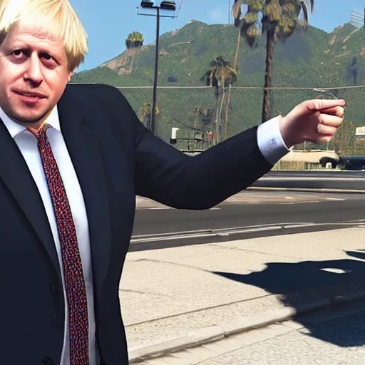 Prompt: Boris Johnson doing finger guns in GTA V loading screen
