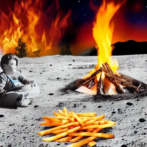 Prompt: family of fries making a campfire on the moon