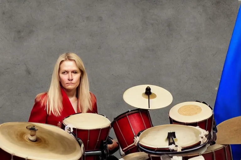 Prompt: A photo of The Prime Minister of Sweden, Magdalena Andersson, playing a drums on stage. natural colors, character photography, Exquisite detail, post-processing, masterpiece, photorealistic