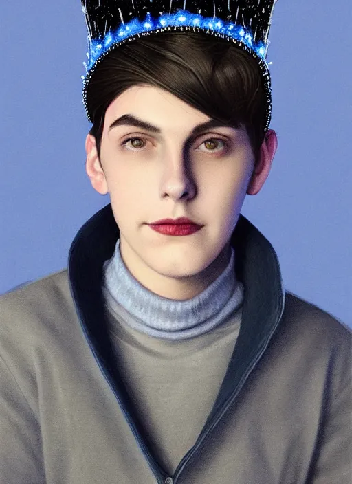 Image similar to portrait of teenage jughead jones wearing a light grey crown, crown, blue turtleneck, 1 9 5 0 s, closed eyes, photorealistic, black hair, glowing lighting, intricate, elegant, glowing lights, highly detailed, digital painting, artstation, concept art, smooth, sharp focus, illustration, art by wlop, mars ravelo and greg rutkowski