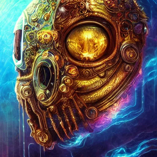 Image similar to portrait of a fantasycore glitchcore deformed animal skull in a helmet. intricate abstract. intricate artwork. celestial. prismatic, by josephine wall, pixar, ghibli. octane render, CGSociety very coherent symmetrical artwork. cinematic, hyper realism, high detail, octane render, 8k, holographic accents