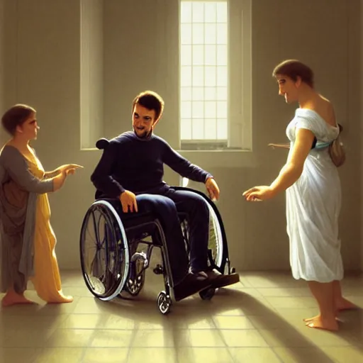 Image similar to a male patient in a wheelchair in the hospital with his wife and son standing by. happy, cheerful, smiling, intricate, face enhance, sharp focus, cinematic lighting, featured in artistation, 8 k, art by greg rutkowski, william adolphe bouguereau