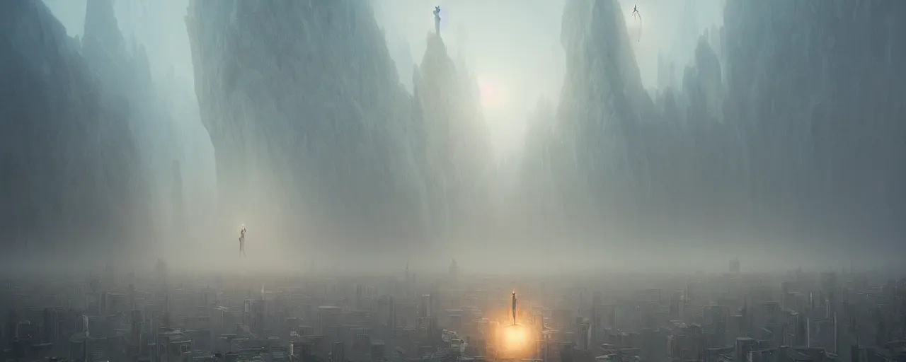 Prompt: giant white glowing angel rising above foggy city by wayne barlowe, wes anderson, roger dean, mikalojus konstantinas ciurlionis and wadim kashin, rich moody colours, 4k octane render