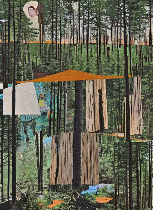 Prompt: a mid-century modern collage of Ghostwood National Forest, Twin Peaks