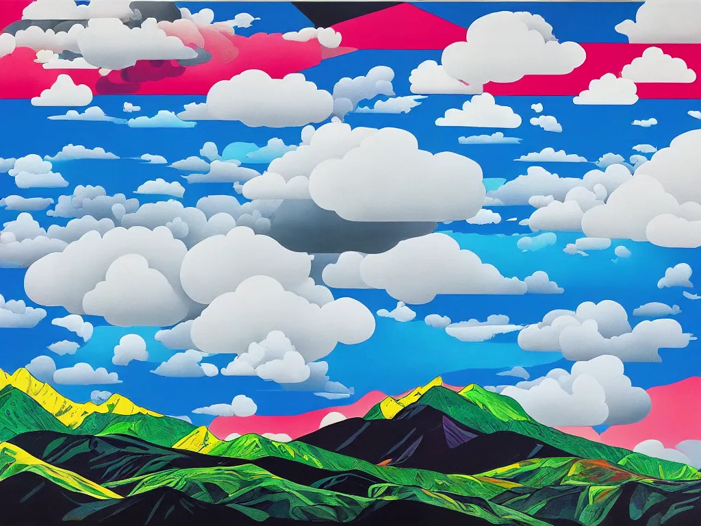 Image similar to hyperrealism general plan composition on the borders of the picture mountains, clouds, trees, sea and waves, empty space in the middle, pop - art style, jacky tsai style, acrylic on canvas