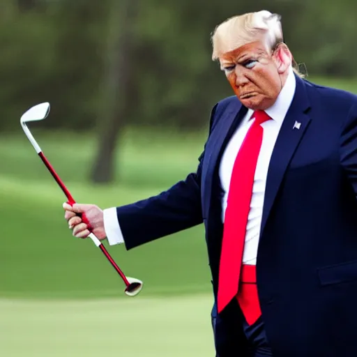 Prompt: trump playing golf swinging a golf club that looks like trump