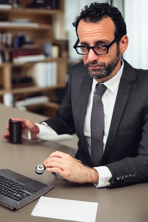 Prompt: photographic portrait of an Italian man, 40 years old, dark wavy hair, glasses, stubble, wearing a suit and tie, working at a computer, small flask of coffee on desk